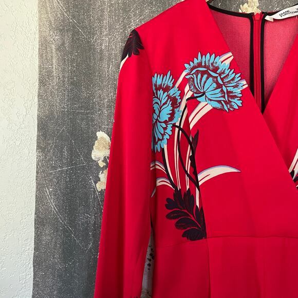 Diane Von Furstenberg Red Floral Print Crossover Farren Jumpsuit Size Medium - Picture 6 of 9